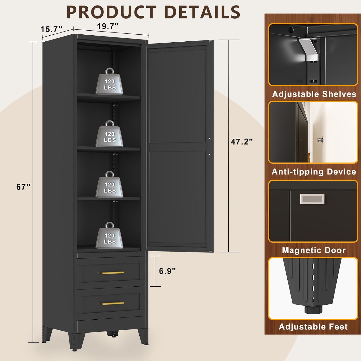 67" Tall Narrow Metal Storage Cabinet, Freestanding Pantry Organizer, Black | Slim Bathroom Cabinets with 2 Drawers & 3 Adjustable Shelves, Multi-Use Cupboard for Kitchen Office Living＆ Dining Room