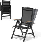 Folding Patio Chairs Set of 2, Aluminum High Back Outdoor Recliners with Teak Armrests, No Assembly Required, Adjustable
