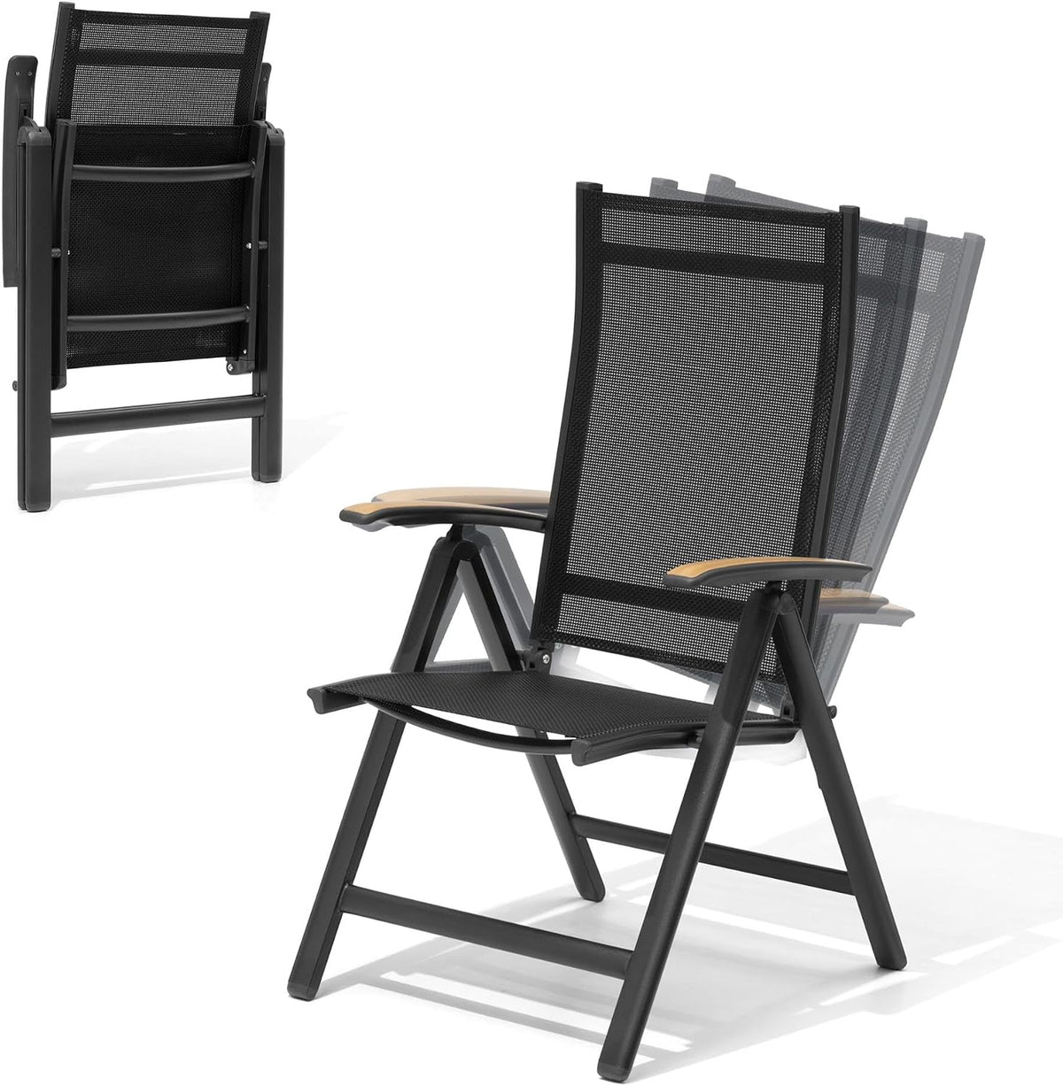 Folding Patio Chairs Set of 2, Aluminum High Back Outdoor Recliners with Teak Armrests, No Assembly Required, Adjustable