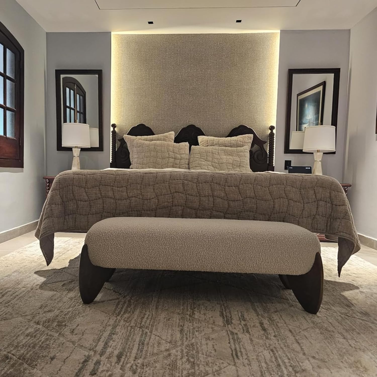 Ya-Home Modern Boucle Bedroom Bench, 50” Upholstered End of Bed Bench with Comfy Seat/Solid Wood Legs, Wooden Entryway Window Ottoman Bench for Living Room/Hallway, Beige