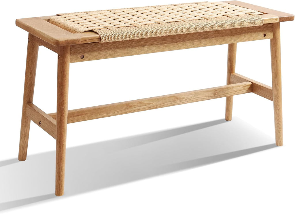 OGMILL 33.5" L Wood Dining Bench Indoor, 100% Natural Solid Oak Bed Bench Hand Woven Enterway Bench Small Bench for Dining Room, Bedroom, Kitchen (Natural)