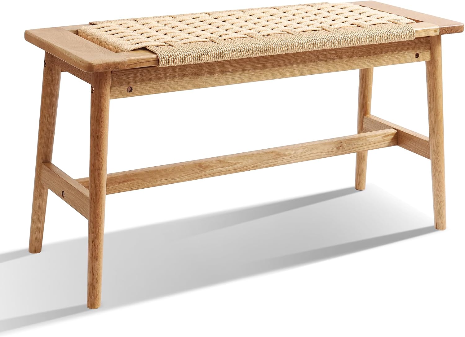 OGMILL 33.5" L Wood Dining Bench Indoor, 100% Natural Solid Oak Bed Bench Hand Woven Enterway Bench Small Bench for Dining Room, Bedroom, Kitchen (Natural)