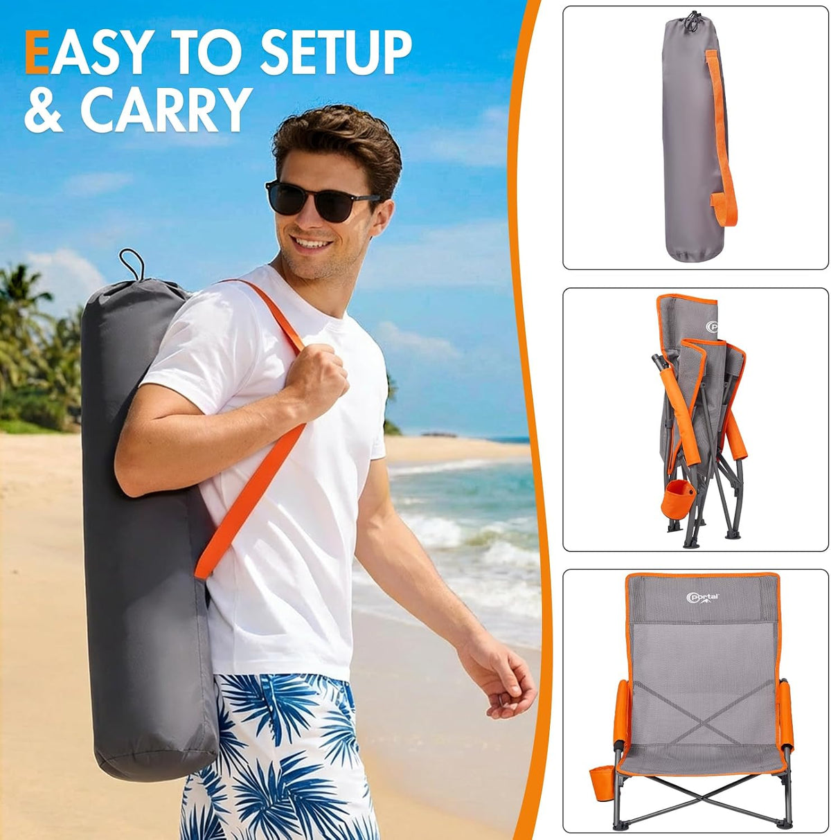 Portal Beach Chairs for Adults Camping Low Lightweight Portable Chair with Cup Holder Mesh Back Carry Bag for Outdoor Sand Lawn Travel Picnic Festival Concert