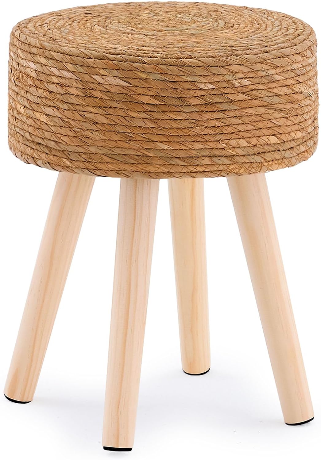 Handwoven Outdoor Ottoman, Water Hyacinth Pouf Round Patio Footstool with Wood Legs, 17-Inch Multipurpose Vanity Stool, Dining Chair, Patio Footrest for Balcony and Garden, Natural