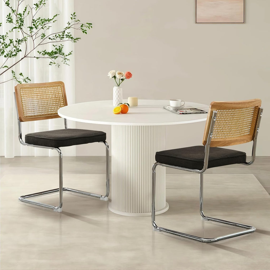 Rattan Back Linen Dining Chair Set of 4 Modern Stainless Chrome Base Armless Upholstered Side Chair for Dining Room, Kitchen Island,Black