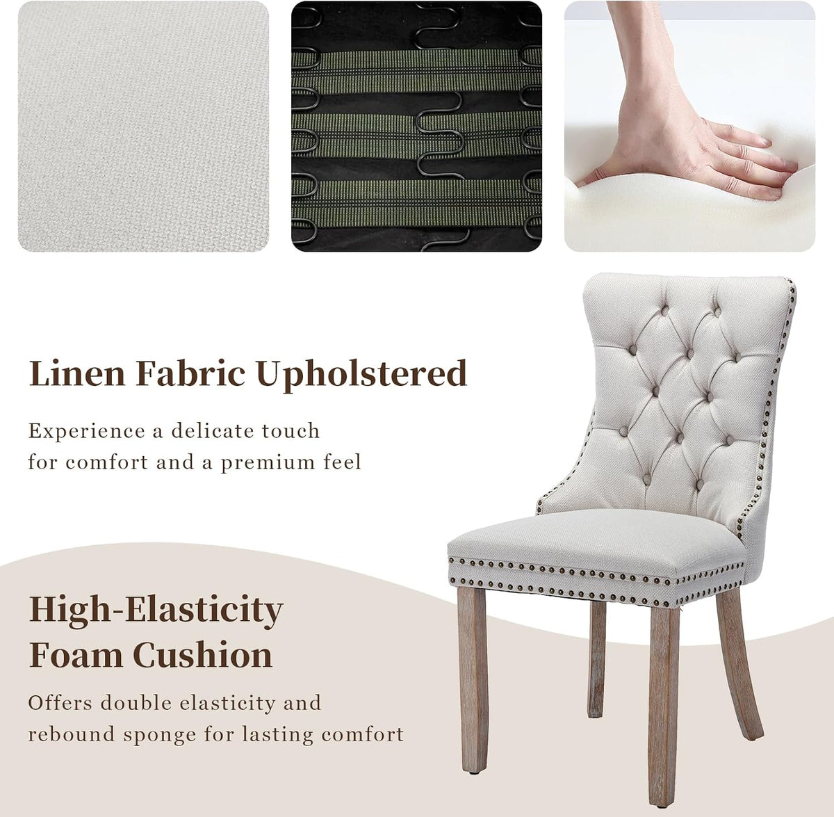 Linen Upholstered Dining Chairs Set of 2, Beige Mid Century Modern Dining Chairs, Kitchen & Dining Room Chairs with Wood Legs, Sillas de Comedor (Beige, 2 Pcs)