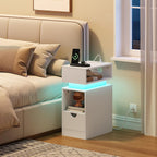 HOOBRO Narrow End Table, Floating Nightstand with LED Light Strip, with Drawer, Slim Bedside Table with Charging Station for Living Room, Bedroom, White WT204UDBZ01