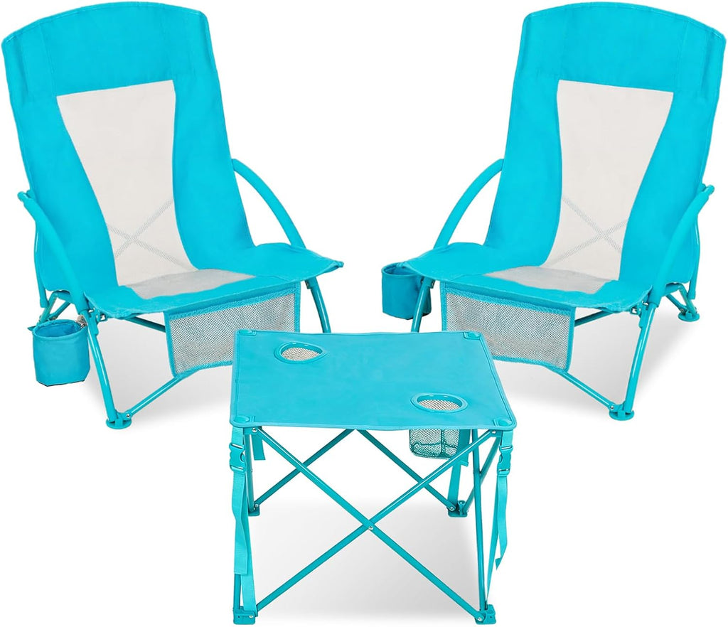 Folding Beach Chair Set of 3, Portable Camping Chairs with Table, Carrying Bag, Cup Holders, Outdoor Breathable Mesh Seat, 225lbs Heavy Duty Beach Chair for Camp Sand Travel Sunbathing