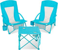Folding Beach Chair Set of 3, Portable Camping Chairs with Table, Carrying Bag, Cup Holders, Outdoor Breathable Mesh Seat, 225lbs Heavy Duty Beach Chair for Camp Sand Travel Sunbathing