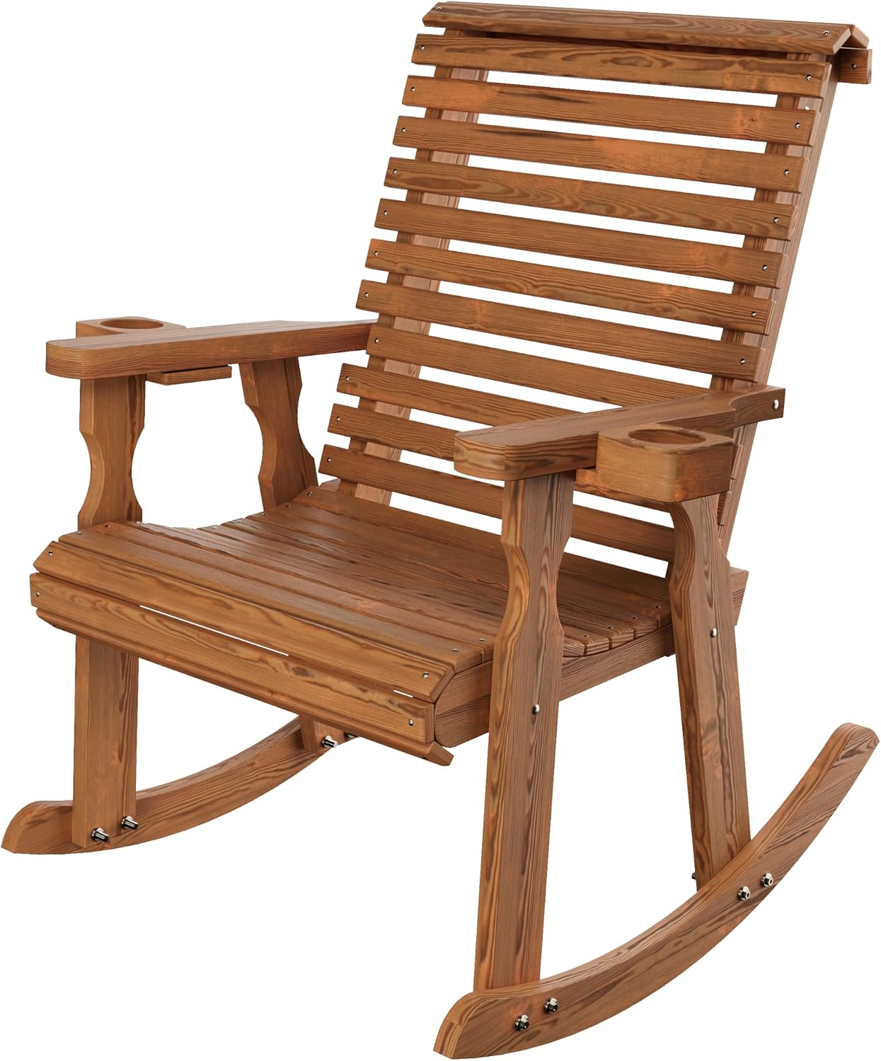 Amish Heavy Duty 600 Lb Roll Back Pressure Treated Rocking Chair with Cupholders (Oak Stain)
