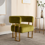 Modern Barrel Accent Chair, Living Room Side Chair with Golden Metal Legs, Soft Velvet Reading Armchair for Bedroom, Upholstered Club Chair for Reception Room/Lounge/Office, Olive