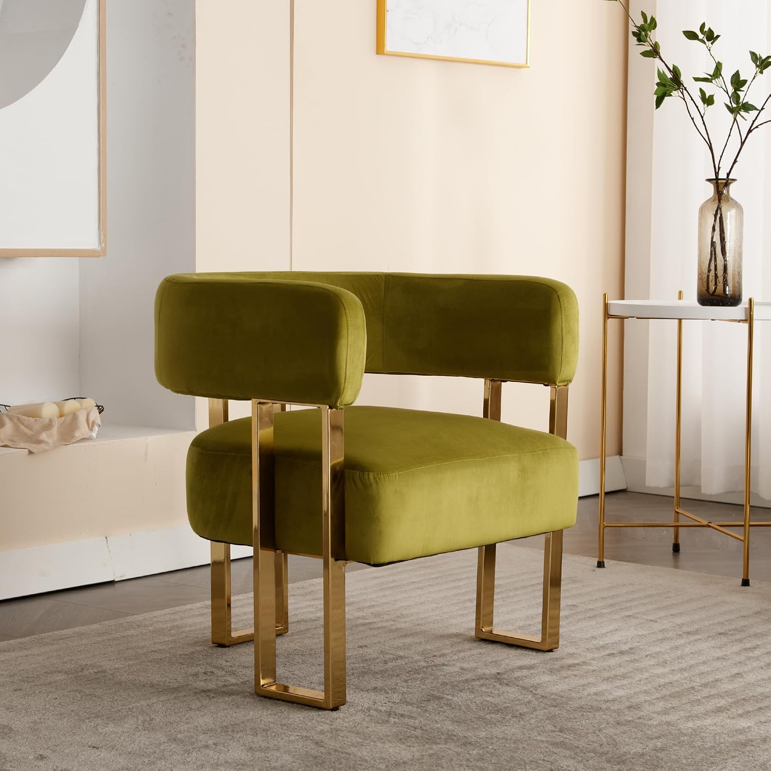 Modern Barrel Accent Chair, Living Room Side Chair with Golden Metal Legs, Soft Velvet Reading Armchair for Bedroom, Upholstered Club Chair for Reception Room/Lounge/Office, Olive
