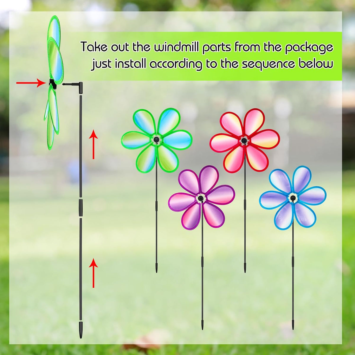 4PCS Wind Spinners for Yard and Garden 11 Inches Colorful Lawn Pinwheels Flower Wind Spinners Decorative Whirligigs Windmill Kids Toys for Garden Outdoor Decor Gifts