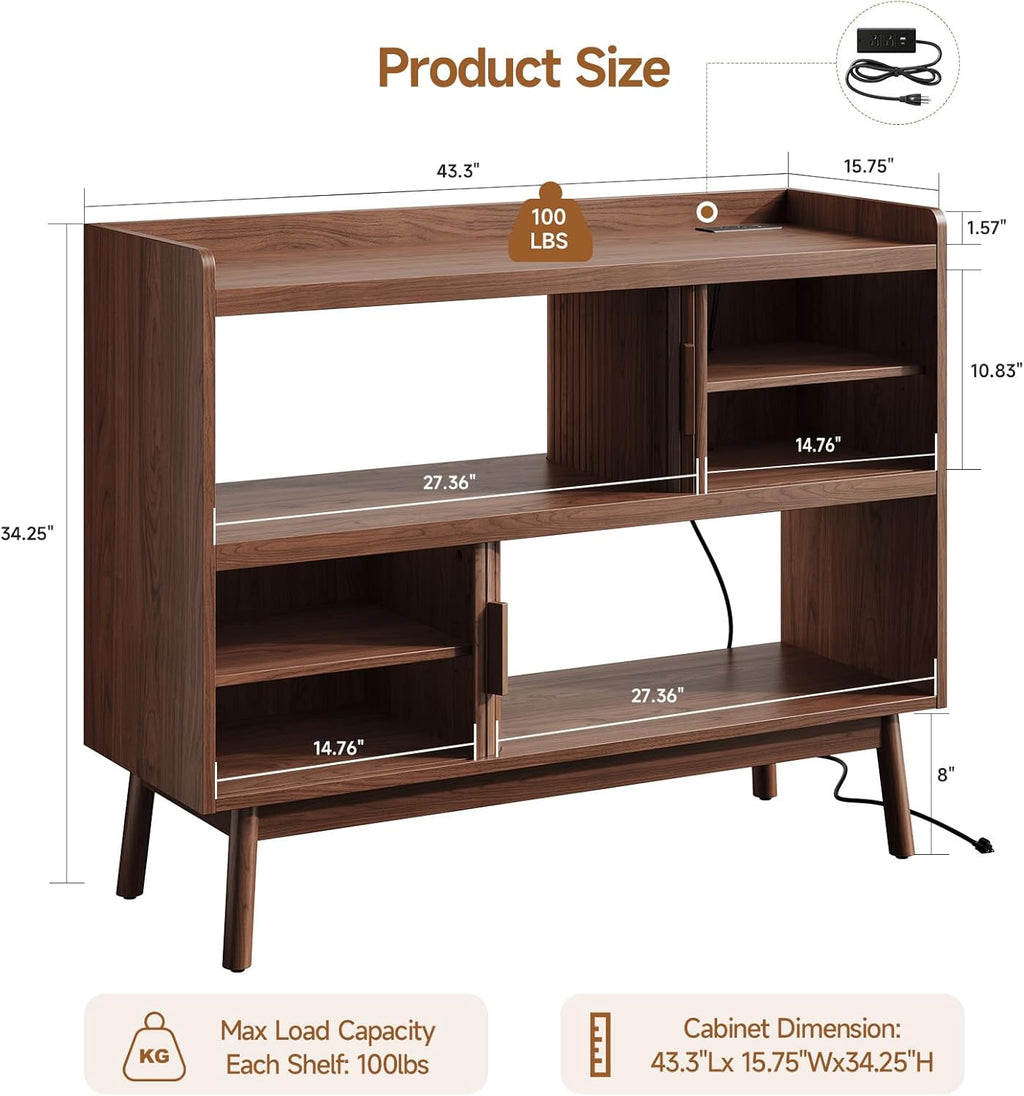 ONBRILL 44" Sideboard Buffet Cabinet with Outlet & 2 Open Storage Spaces, Fluted Sideboard Cabinet with Sliding Door & Adjustable Shelves, Mid-Century Accent Coffee Bar Console Table with Wooden Feet