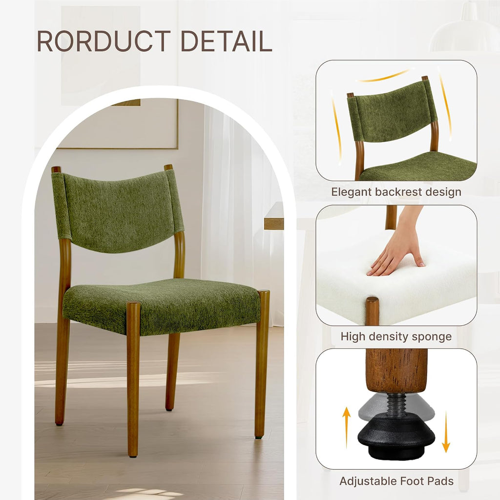KISLOT Dining Chairs Set of 2, Ergonomic Upholstered Wood Chairs, Green | Mid Century Modern Dining Room Chairs, Ergonomic Farmhouse Kitchen Chairs with Solid Rubber Wood Frame, Antique Walnut Leg