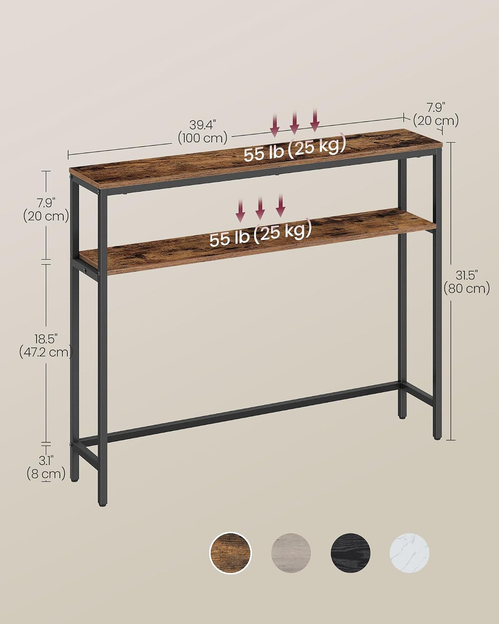 VASAGLE 39.4 Inches Console Table, 2-Tier Narrow Sofa Table with 2 Shelves | Modern Entry Table, 7.9 x 39.4 x 31.5, for Living Room, Bedroom, Rustic Brown and Ink Black BARNET Collection ULNT131K01V1