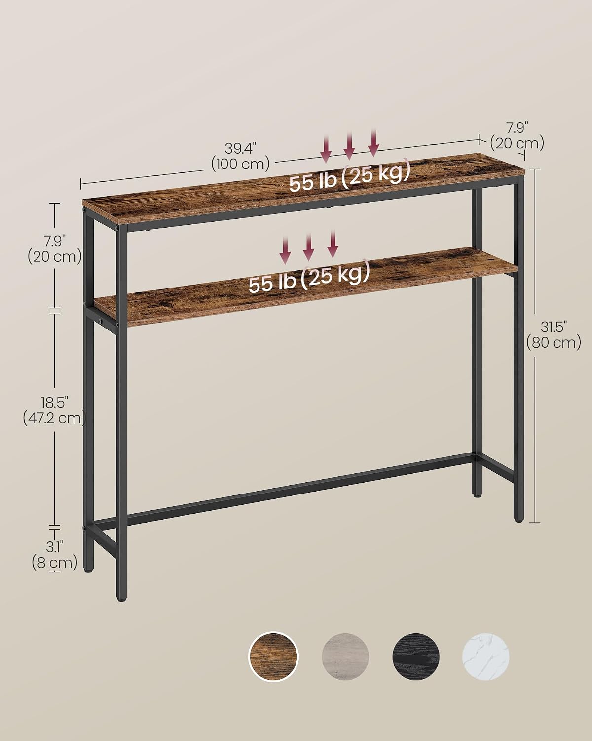 VASAGLE 39.4 Inches Console Table, 2-Tier Narrow Sofa Table with 2 Shelves | Modern Entry Table, 7.9 x 39.4 x 31.5, for Living Room, Bedroom, Rustic Brown and Ink Black BARNET Collection ULNT131K01V1