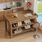 55" Solid Wood Kitchen Island with Storage, Farmhouse Kitchen Island Table with 3-Tier Open Shelves and Large Countertop for Kitchen, Dining & Living Room, Oak