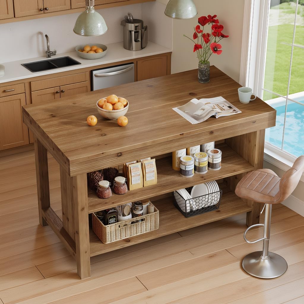 55" Solid Wood Kitchen Island with Storage, Farmhouse Kitchen Island Table with 3-Tier Open Shelves and Large Countertop for Kitchen, Dining & Living Room, Oak