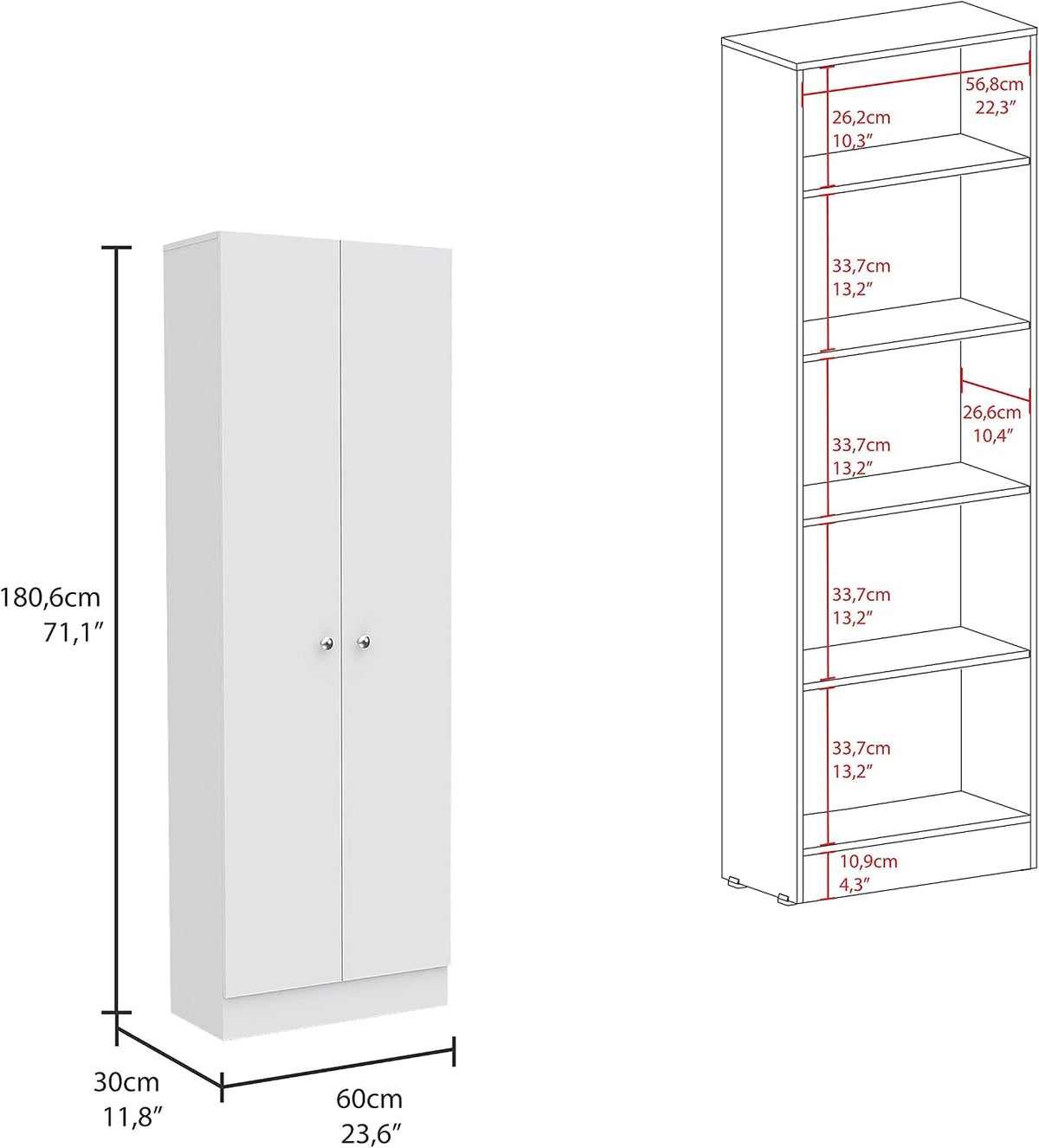Multistorage 5-Shelf Pantry Cabinet with Double Doors - White