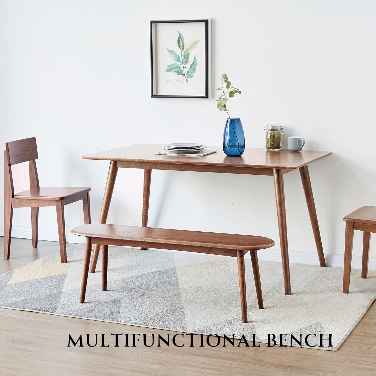 100% Solid Oak Dining Bench, Wood Bench for End of Bed with Rounded Corners, Entryway Benches for Farmhouse, Kitchen, Living Room(Walnut,12" L x 47.2" W x 16.2" H)