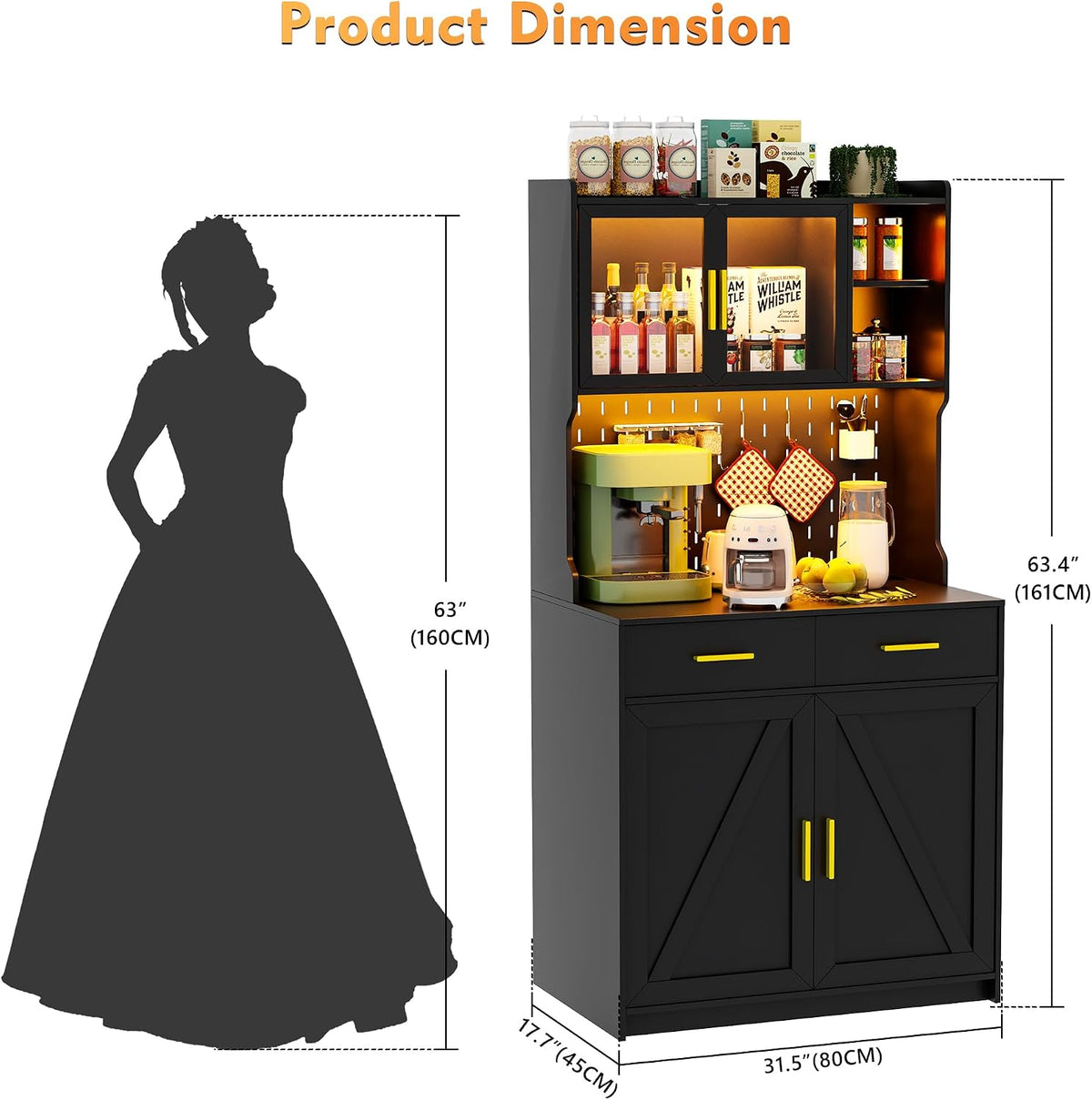 Gurexl 64" Farmhouse Kitchen Pantry with Auto Sensor LED,Storage Cabinets with 2 Outlets for Microwave & USB-C Ports,Hutch Cabinet with Pegboard,2 Cabinet,2 Drawers,1 Large Countertop