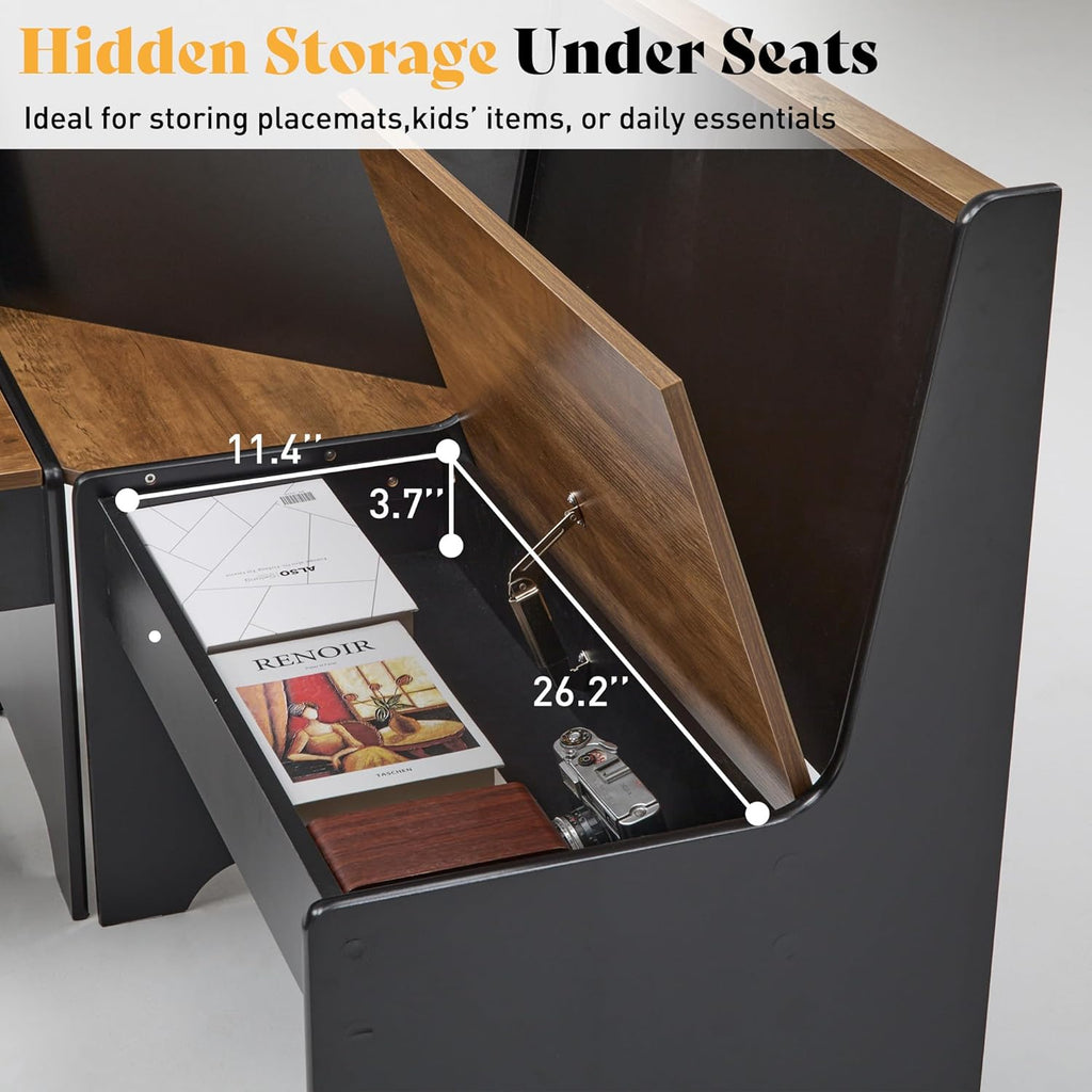 AMERLIFE 3-Piece Corner Dining Set with Hidden Storage, Black Oak | Dining Set for Small Spaces, Lift Up Storage Compartments, L Shaped Layout, Space Saving Furniture, Kitchen Dining Area