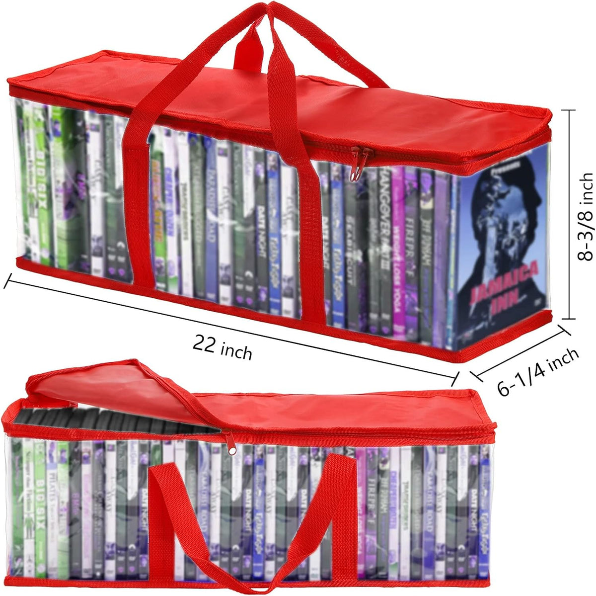 Fasmov 6 Pack DVD Storage Bags Hold up to 240 DVDs (40 Each Bag), Water Resistant DVD Holder Case with Handles, Transparent PVC Media Storage for DVDs, CDs, Video Games, Books, Red