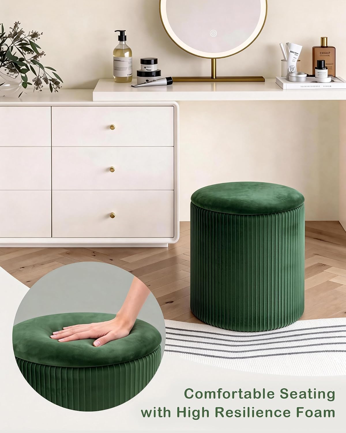 LITZFUR Round Ottoman with Storage, Velvet Foot Rest Stool, Green | Versatile Upholstered Vanity Stool, Padded Folding Storage Ottoman for Living Room, Bedroom and Dorm
