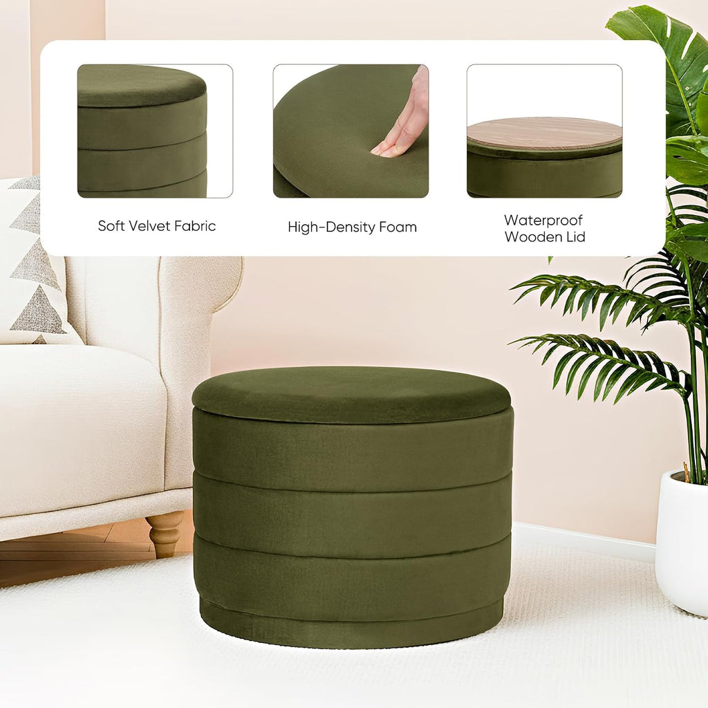 23" Round Velvet Storage Ottoman with Reversible Lid, Soft Padded Footrest and Hidden Storage, Large Upholstere Tray Top Ottoman Footstool for Living Room, Bedroom, Entryway, Olive Grreen