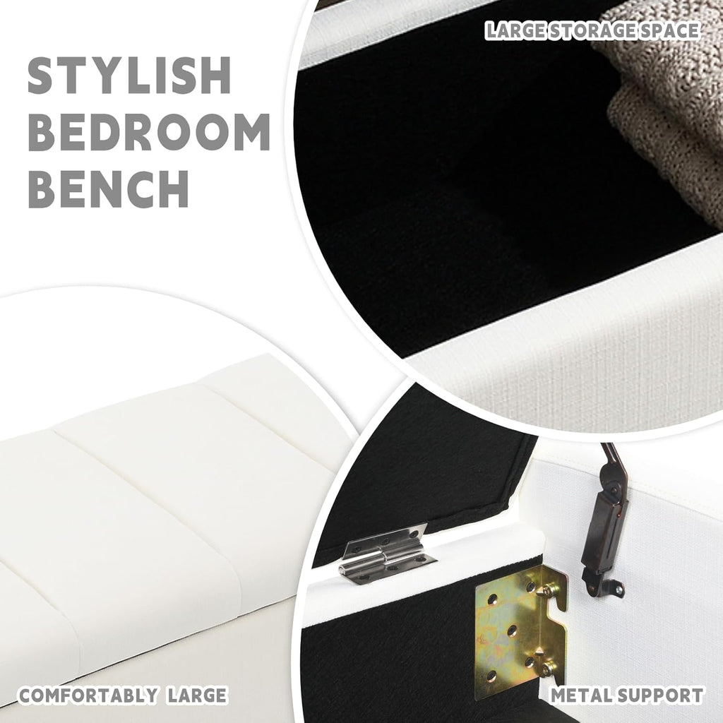 47.25'' Ottoman with Storage, End of Bed Storage Bench, Entryway Bench - Linen Upholstered Multi-Functional Footrest for Bedroom, Living Room, Dorm & Window Bench (A-White)