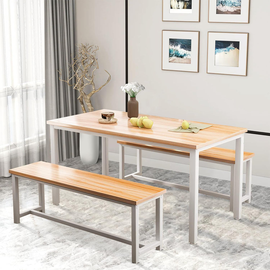 DKLGG Dining Table Set for 4, Wooden Kitchen Table with 2 Dining Bench | 47.2” Farmhouse Dining Room Table Set, Space Saving Table and Chairs Set for Small Space, Kitchen,Dining Room,Apartment
