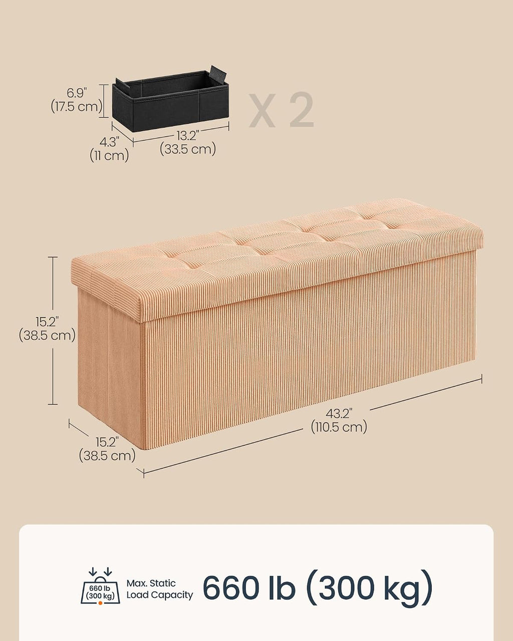 SONGMICS Home Ottoman with Storage, Removable Lid, Folding Storage Chest, Easy Assembly, for Entryway, Bedroom, Living Room, 15.2 x 43.2 x 15.2 Inches, Corduroy, Light Orange