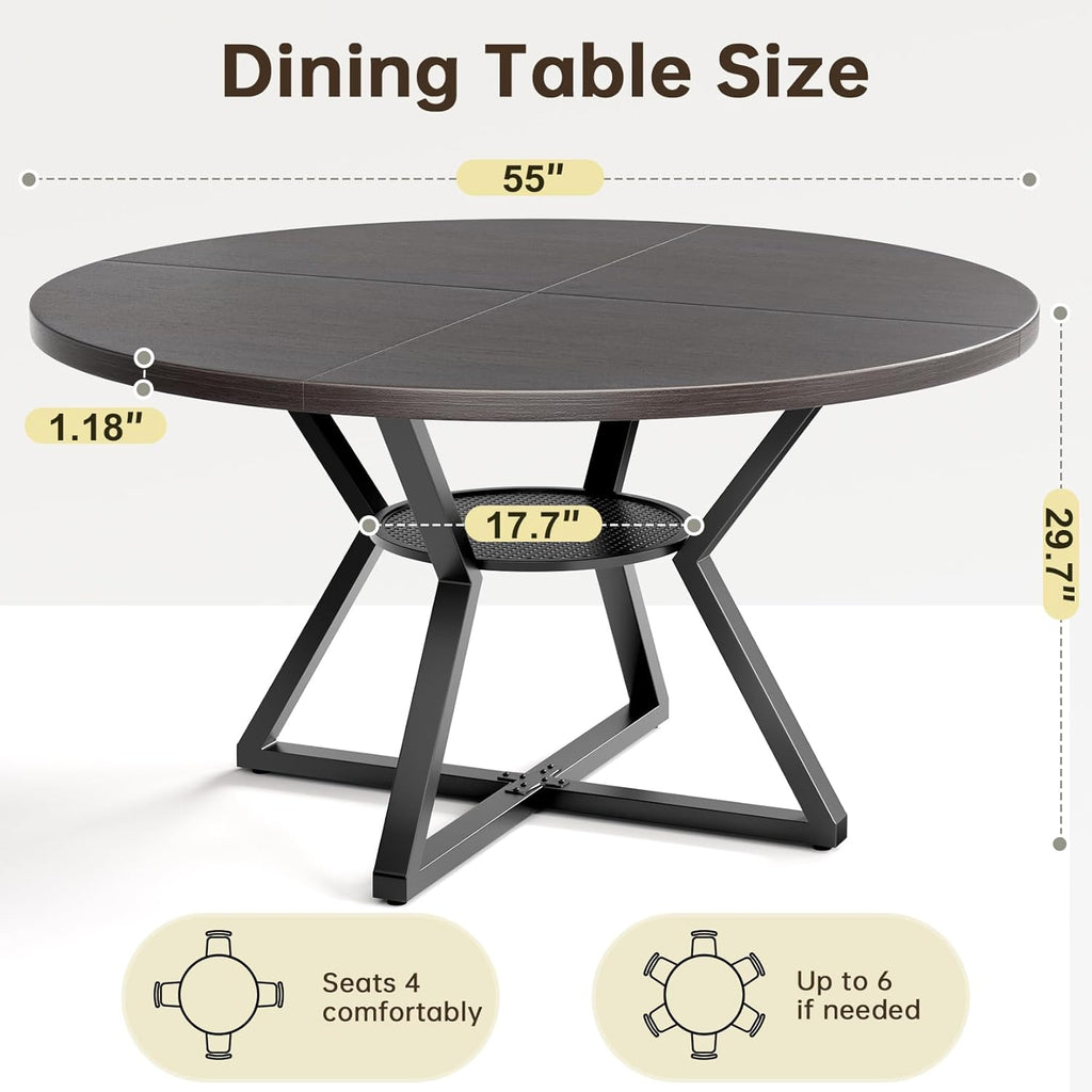 Concho 55" Round Dining Room Table for 6-8,Circle Kitchen Dining Dinner Table with Pedestal Metal Frame,Space Saving Wood Kitchen & Dining Room Furniture, Deep Grey