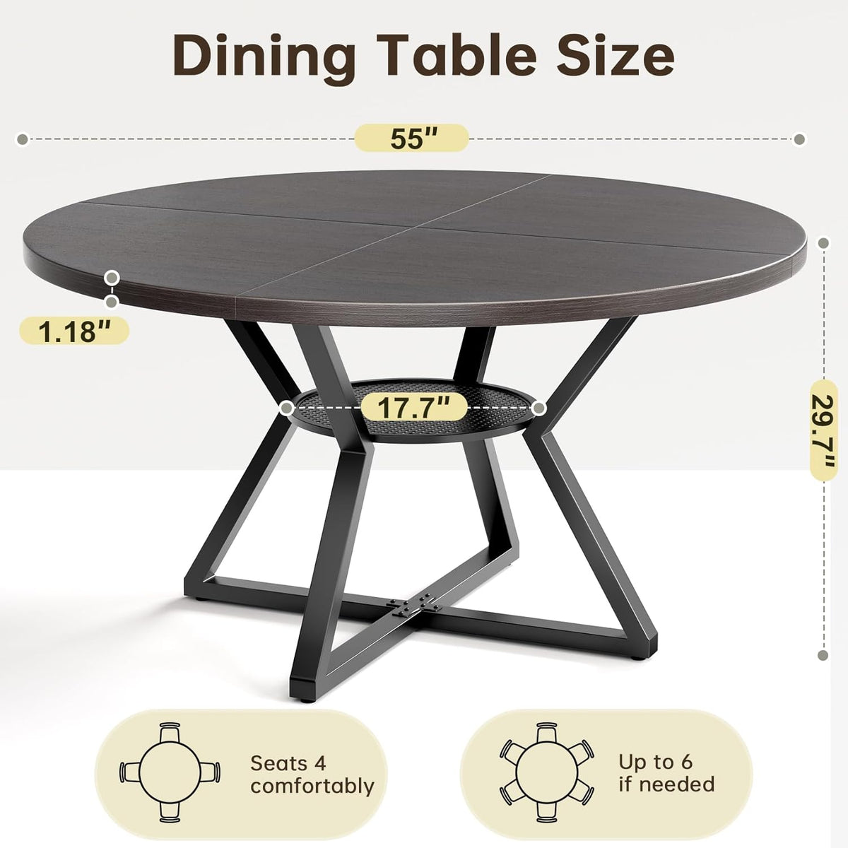 Concho 55" Round Dining Room Table for 6-8,Circle Kitchen Dining Dinner Table with Pedestal Metal Frame,Space Saving Wood Kitchen & Dining Room Furniture, Deep Grey