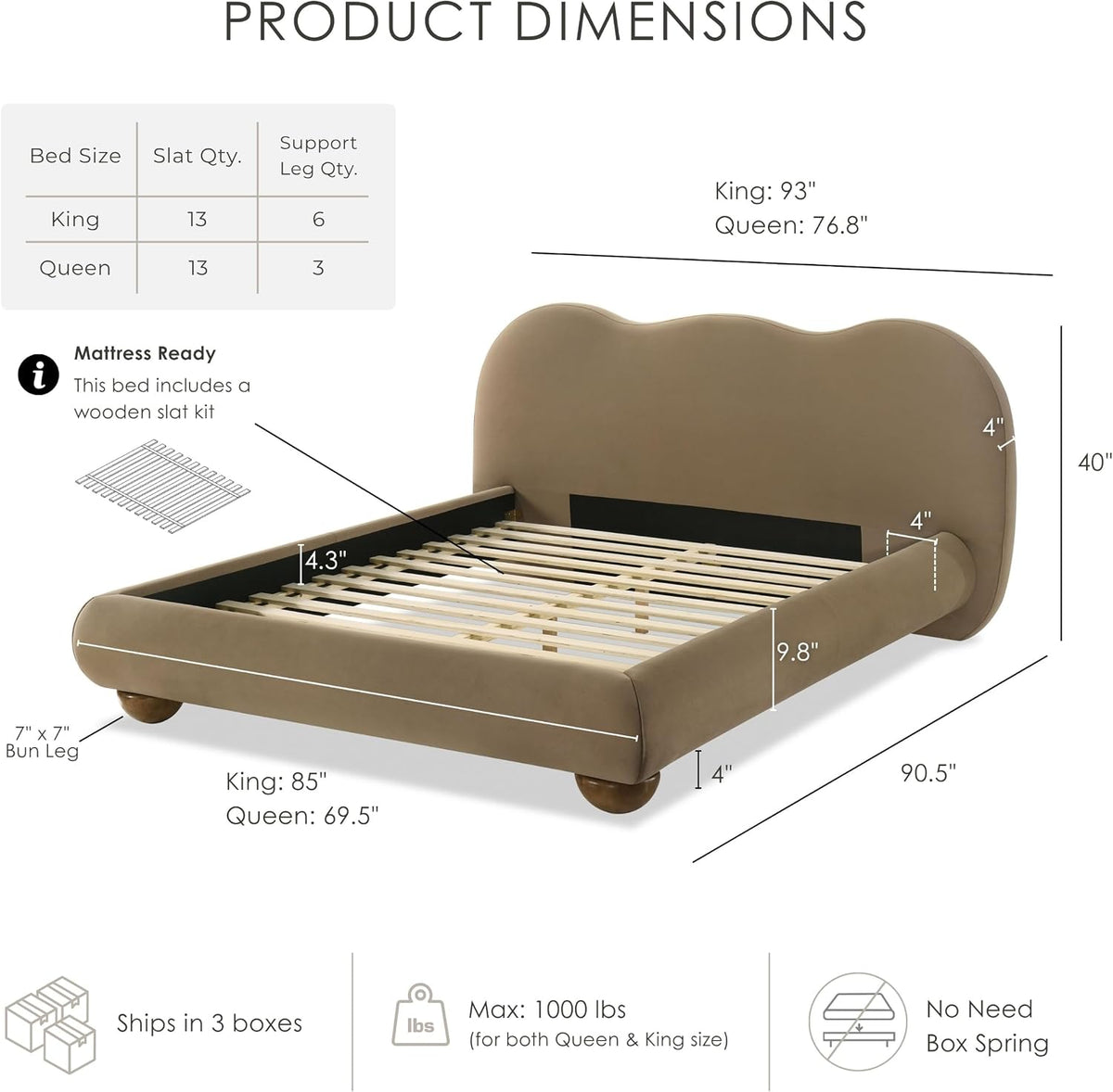 Furniture of America Lunaria Modern Velvet King Platform Bed with Camelback Headboard and Round Bun Wood Feet, Upholstered Bedframe for Bedroom, Guest Room, No Box Spring Needed, Brown