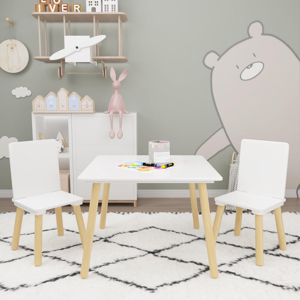 ALEVINE 3 Piece Square Back Kids Table Set | Kids wooden table and chair set with animal-themed chairs, designed for play, learning, crafts, and activities.