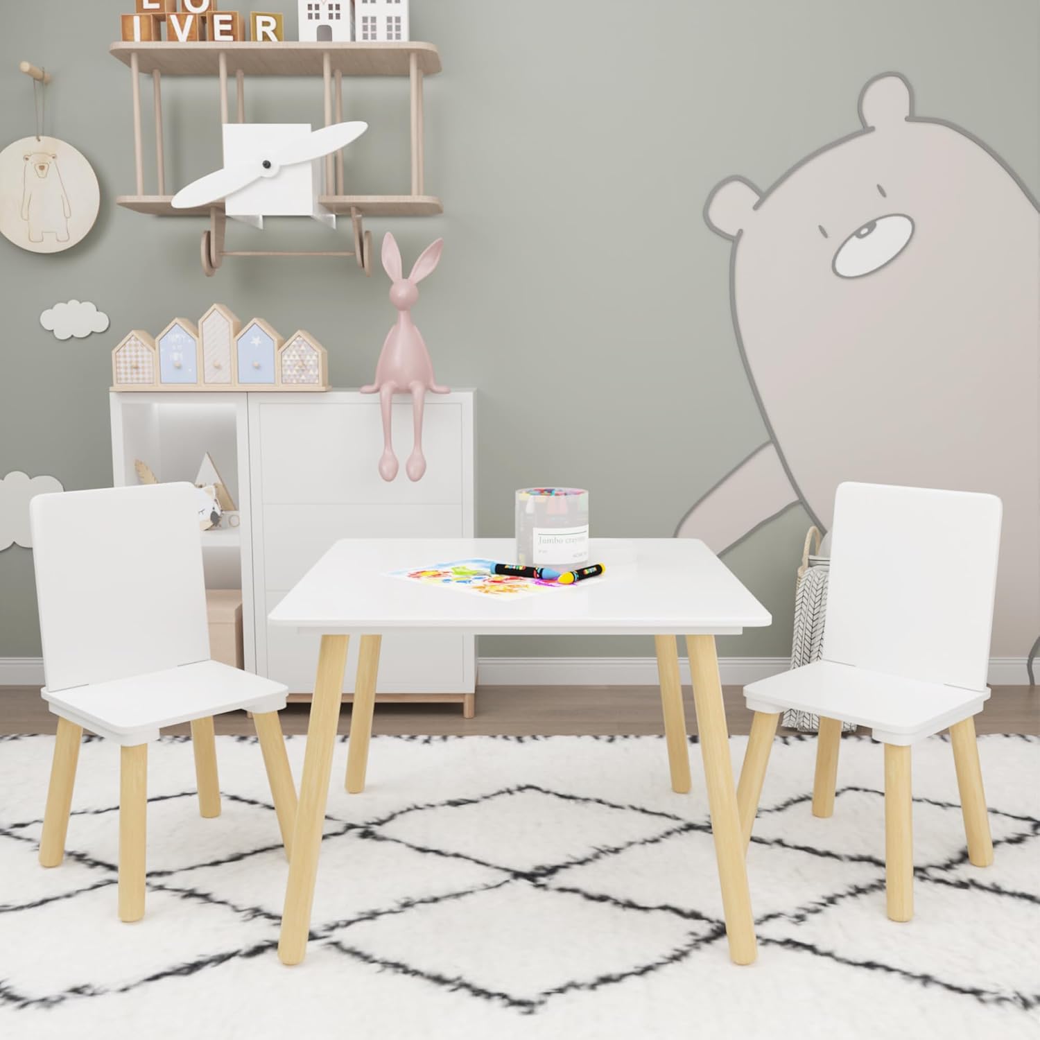 ALEVINE 3 Piece Square Back Kids Table Set | Kids wooden table and chair set with animal-themed chairs, designed for play, learning, crafts, and activities.