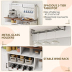 47Inch Buffet Sideboard with Power Outlets Farmhouse Coffee Bar Cabinet with Storage, Large Buffet Storage Cabinet Table with Wine Racks, Goblet Holder, Hooks for Kitchen, Dining Room, Entryway, White