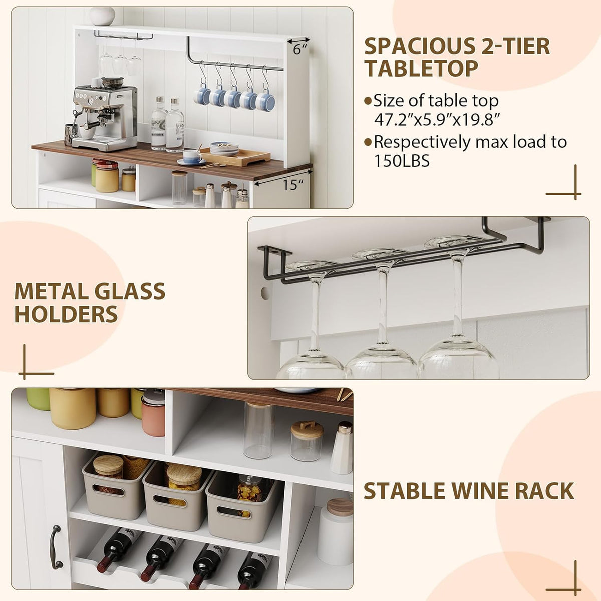 47Inch Buffet Sideboard with Power Outlets Farmhouse Coffee Bar Cabinet with Storage, Large Buffet Storage Cabinet Table with Wine Racks, Goblet Holder, Hooks for Kitchen, Dining Room, Entryway, White