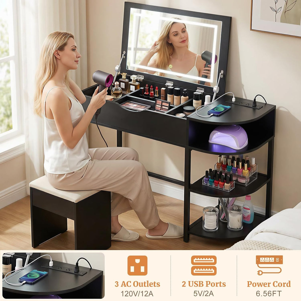 Cyclysio Vanity Desk with Flip Top Mirror and Lights, Black | Makeup Vanity Desk with Drawers, Dressing Table with Storage Shelves & Charging Station, Small Vanity for Small Spaces
