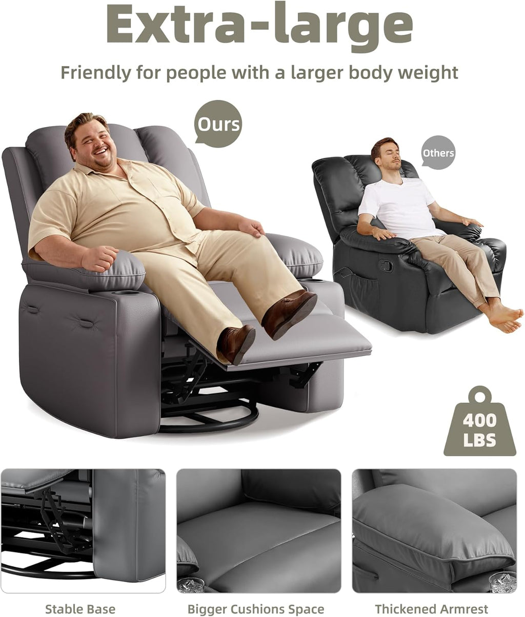 Garvee Oversized Swivel Rocker Recliner Chair - Heat and Massage, Leather Manual Recliner for Adults, Lazy Chair with Cup Holders, Comfort Arms and Back Single Sofa for Living Room