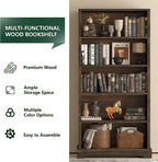 TVU 5 Tiers Wooden Bookshelf, 65.2" Tall Farmhouse Style Open Bookcase, 31.5" Wide Standing Book Shelf with Storage for Study Room, Living Room, Walnut Brown