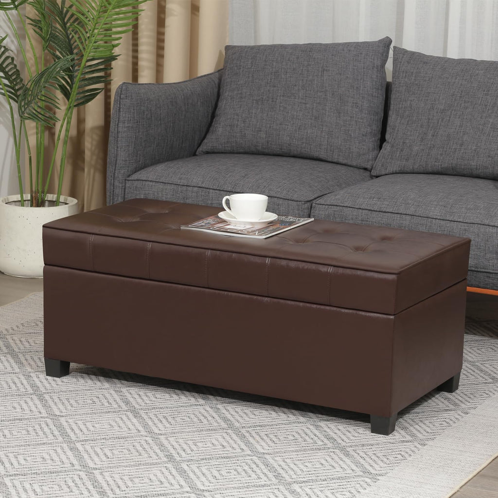 Homebeez 40" Faux Leather Storage Ottoman Bench, End of Bed Bench, Upholstered Bench with Storage for Living Room,Bedroom,Entryway (40" Brown)