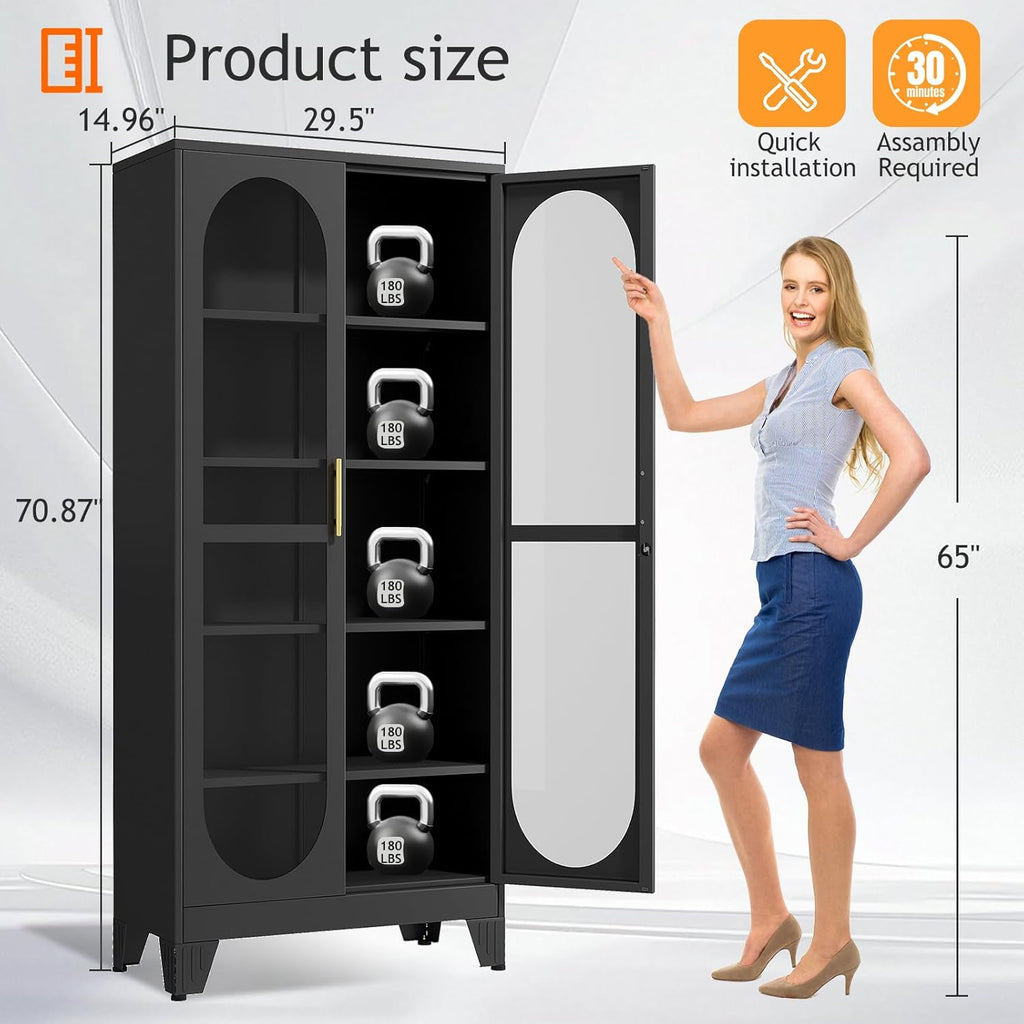 PAOFIN 71" H Locking Display Cabinet with Glass Door, Metal Curio Cabinets with 4 Adjustable Shelves, Tall Liquor Cabinet Display Case for Living Room, Collectibles, Home - Assembly Required Black