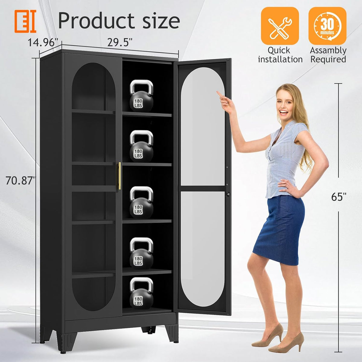 PAOFIN 71" H Locking Display Cabinet with Glass Door, Metal Curio Cabinets with 4 Adjustable Shelves, Tall Liquor Cabinet Display Case for Living Room, Collectibles, Home - Assembly Required Black