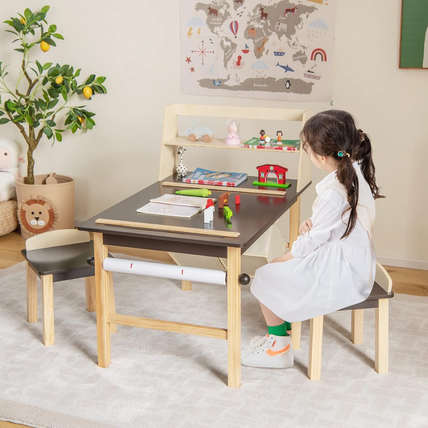 Costzon Kids Art Table and Chair Set, Wooden Activity Table and 2 Stools w/a Paper Roll, 2 Markers, 2 Storage Bins for 3+ Years Old Boys Girls Drawing Painting Craft, Toddler Table and Chairs (Brown)