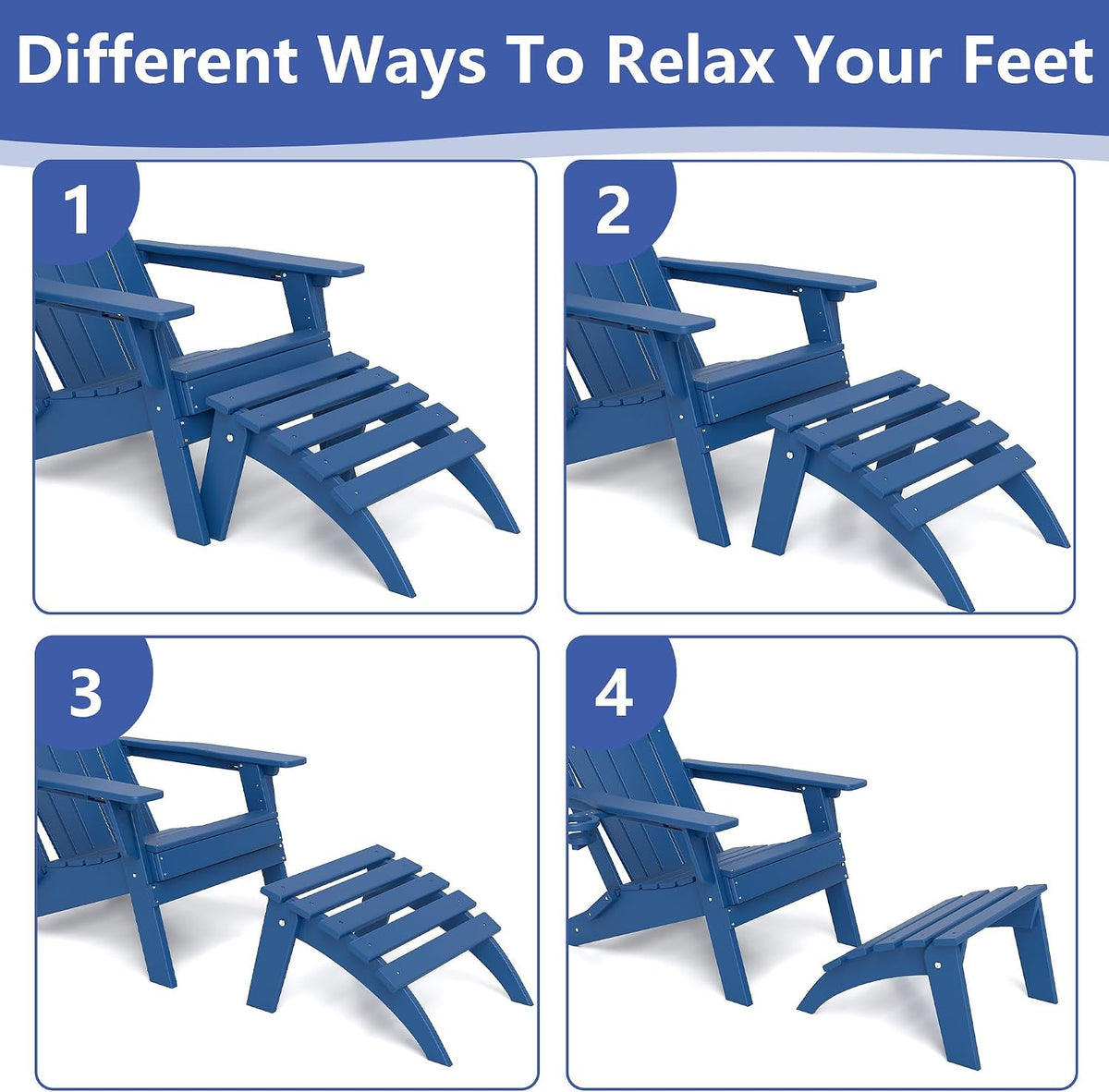 FOOWIN Folding Adirondack Ottoman Set of 4, HDPE All Weather Adirondack Footrests, Ottoman for Adirondack Chair,Patio Footstool for Outside Easy Storage,for Patio, Backyard, Porch, Garden, Navy Blue