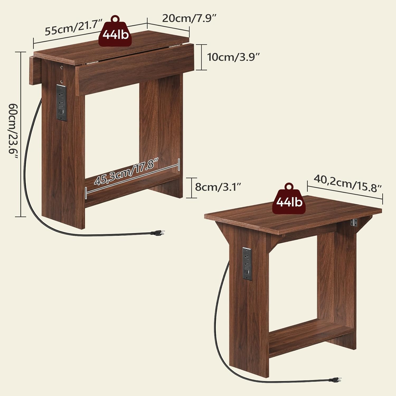 MAHANCRIS End Table with Charging Station, Foldable Narrow Side Table, Narrow Nighstand with Folding Top, Small Side Table for Small Spaces, for Living Room, Bedroom, Walnut ETZB74E01