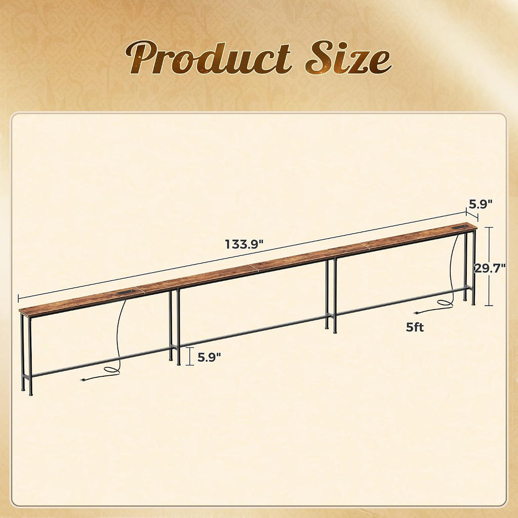 Huuger 133.9 Inch Sofa Table with Power Outlets, Skinny Behind Couch Table | 5.9 Inch Narrow Entryway Table, Extra-Long Console Table, Behind the Couch Table with Outlet for Living Room, Rustic Brown